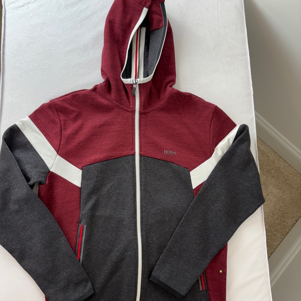 Hugo Boss Hoodie Mens M Red Gray  Full Zip Sweatshirt Skeach New no tags